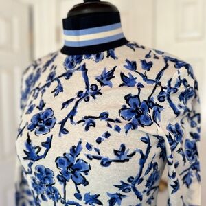 Tory Burch Blue Branches lightweight printed rib turtleneck